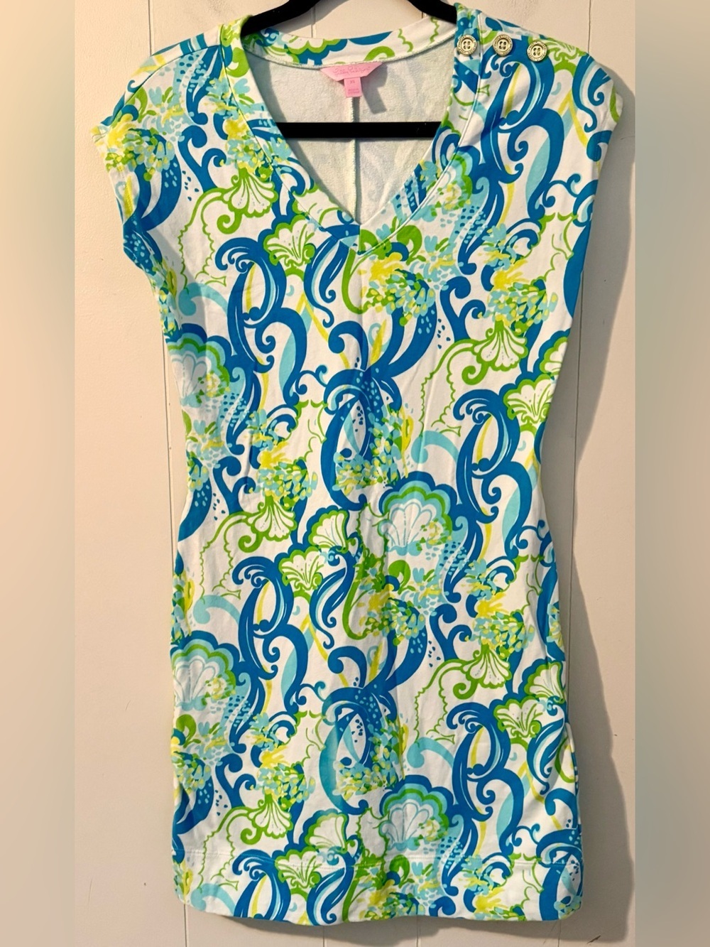 Lilly Pulitzer Hayley Resort Dress White Crystal Coast Blue Green Print, XS